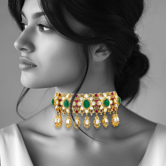 Fusion Choker with Emerald Cabochons, Rubies, and Polki